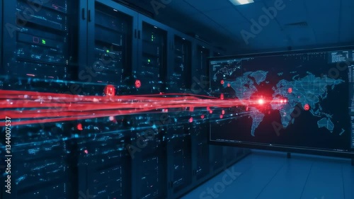 Server room with world map showing red data stream, cyber attack concept. Data center security, global network vulnerability, information warfare theme. Use for technology, business, government