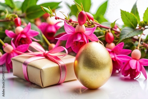 Golden Egg, Fuchsia Flowers & Gift: Elegant Spring Still Life