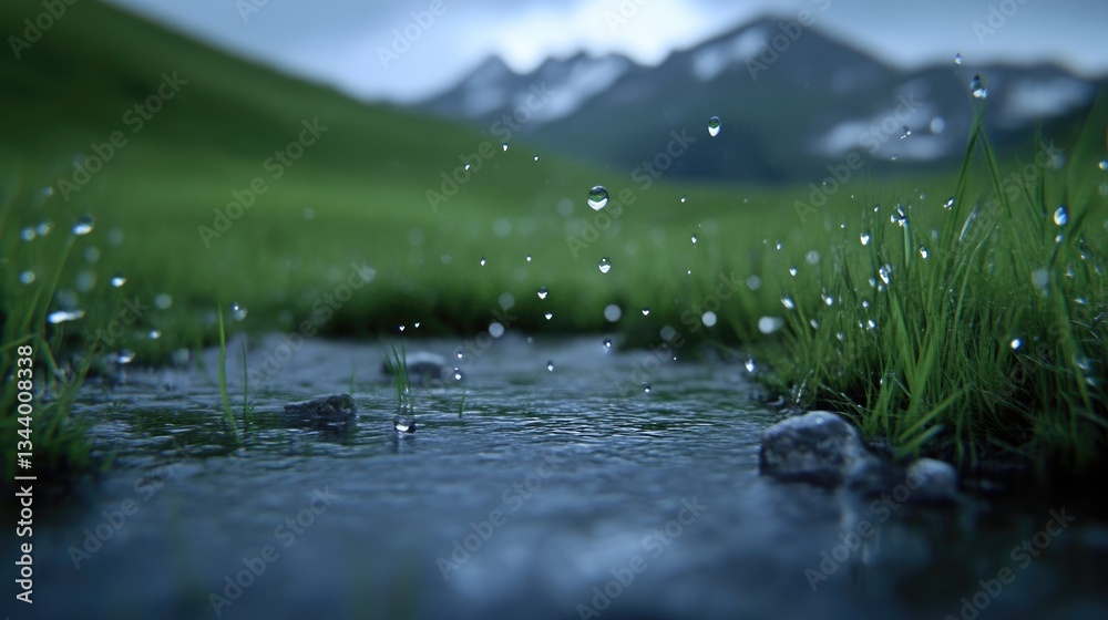 Obraz premium Rain drops fall on a mountain stream