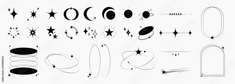 Set of abstract geometric shapes element vector. Collection of contemporary figure, circle, flower, sparkle, triangle, line ,frame, star. Design element for banner, prints, stickers, decor, icon.