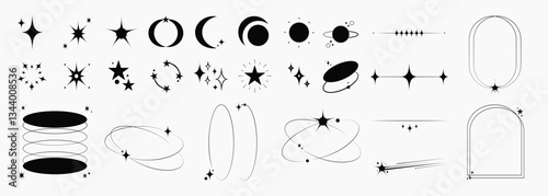 Set of abstract geometric shapes element vector. Collection of contemporary figure, circle, flower, sparkle, triangle, line ,frame, star. Design element for banner, prints, stickers, decor, icon.