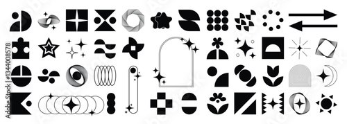 Set of abstract geometric shapes element vector. Collection of contemporary figure, circle, flower, sparkle, triangle, line ,frame, star. Design element for banner, prints, stickers, decor, icon.