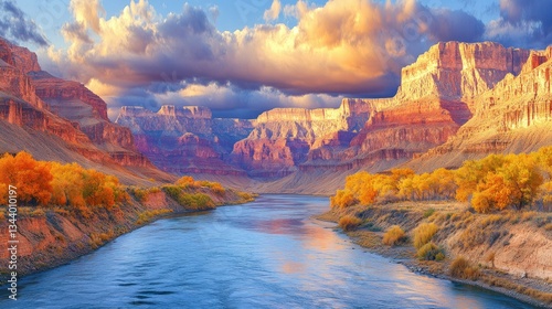 Dramatic sunset over a canyon river, autumn foliage