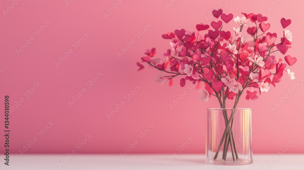 Fototapeta premium Pink Heart-Shaped Flowers in Clear Vase Against Soft Pink Background Enhancing Romantic Atmosphere