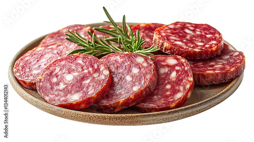 Salami Feast: Sliced salami arranged artfully on a plate, with a sprig of rosemary adding a touch of freshness.