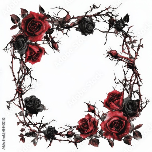 a Gothic floral frame, dark roses and thorny vines, dramatic baroque aesthetic, deep red and black, isolated on white background