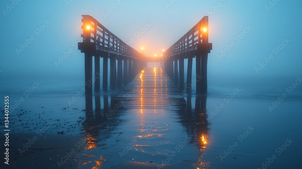 Obraz premium Moody Seaside Pier at Dusk Foggy Evening