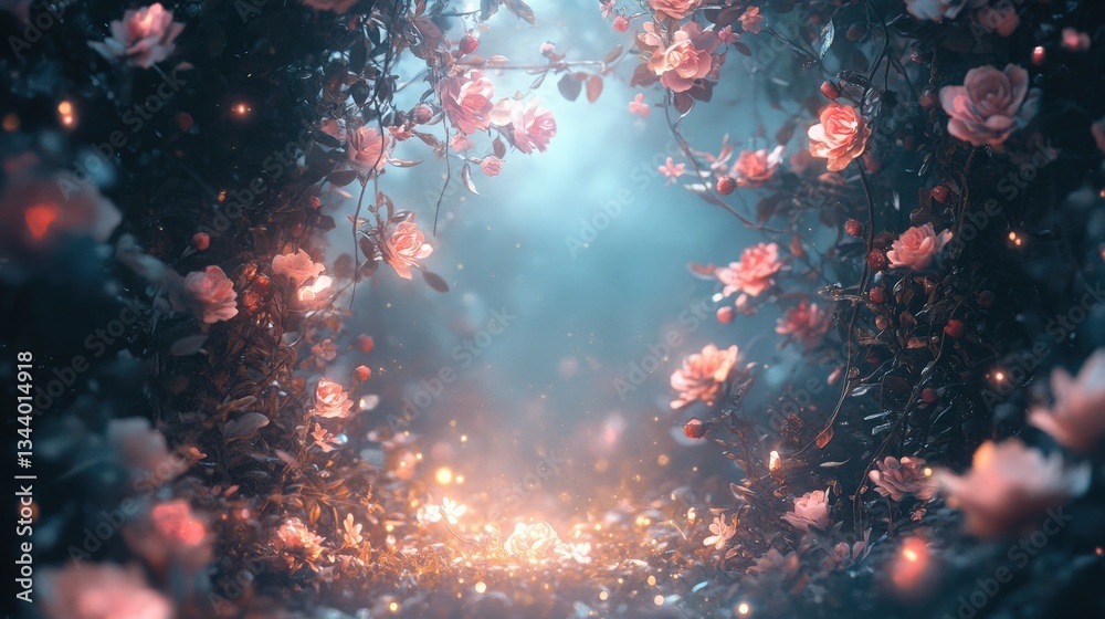 Fototapeta premium An enchanted floral frame with magical glowing flowers and vines, ethereal mist, and soft luminescent tones, evoking a whimsical and dreamy atmosphere