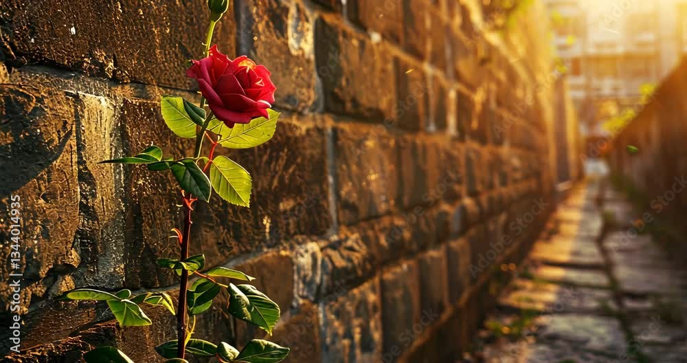 Blooming rose in city alley during golden hour captures beauty of nature amid urban landscape