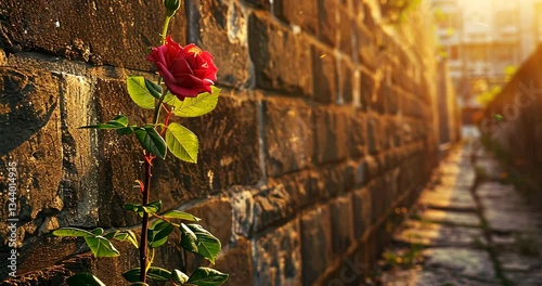 Blooming rose in city alley during golden hour captures beauty of nature amid urban landscape