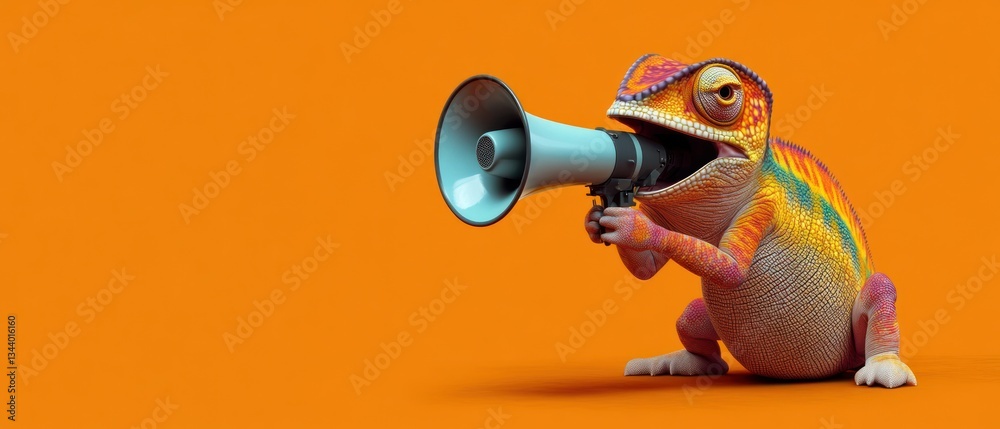Fototapeta colorful chameleon with megaphone on yellow background announcing in park