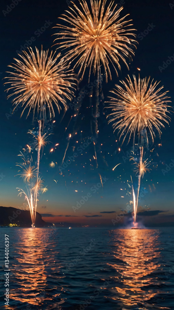 The image captures a spectacular fireworks display over the ocean at night. Golden hued fireworks burst against the dark sky, their light reflected in the rippling water below.