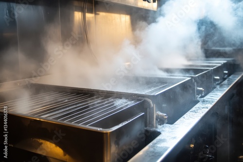 Steam Rising from Industrial Cooking Griddle in Professional Kitchen
