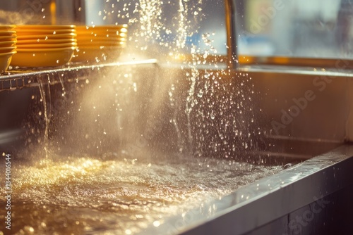 Water Splashes in Commercial Kitchen Sink with Clean Dishes Nearby