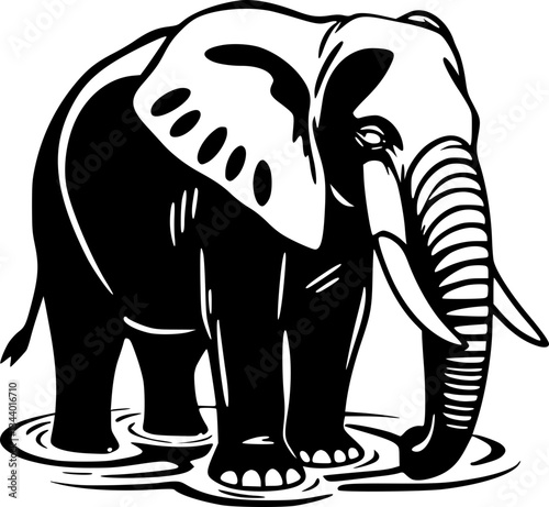 Elephant Bathing Time Black and White Monochrome Minimalist Vintage Style Animal Wildlife Illustration Artwork Design