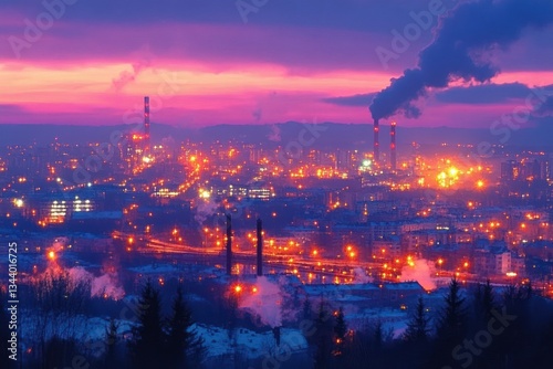 Twilight Cityscape with Industrial Skyline and Glowing Lights