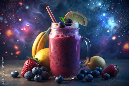 A cosmic berry smoothie, a vibrant blend of fruity goodness under a galaxy of stars, in a rustic mason jar.
