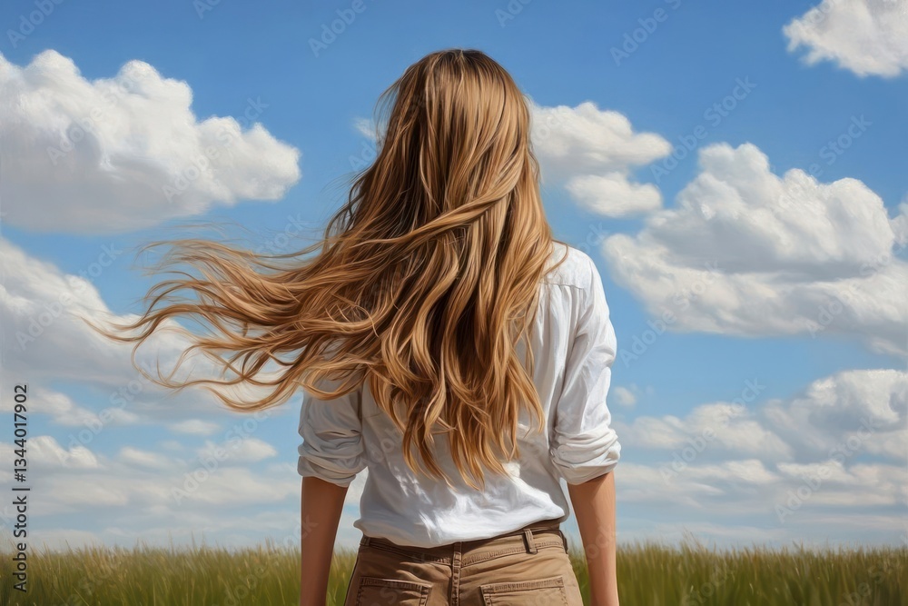 Woman with Long Brown Hair Blowing in the Wind in a Field Woman with Long Brown Hair Blowing in the Wind in a Field