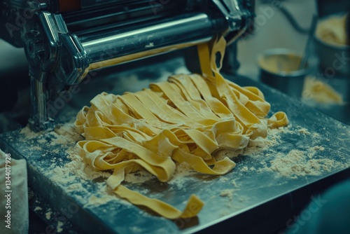 Freshly Made Pasta Being Cut with a Machine in a Kitchen Setting