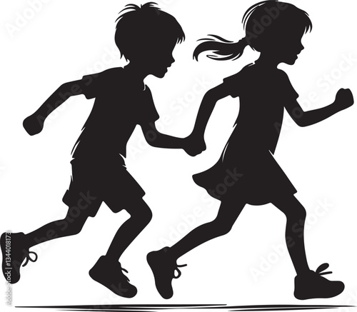siblings running together silhouette vector illustration on a white background