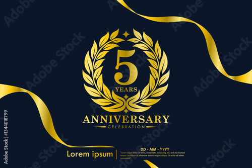 5th years anniversary celebration emblem. elegant golden anniversary logo isolated with laurel wreath and ribbon on black background. vector illustration template design	
