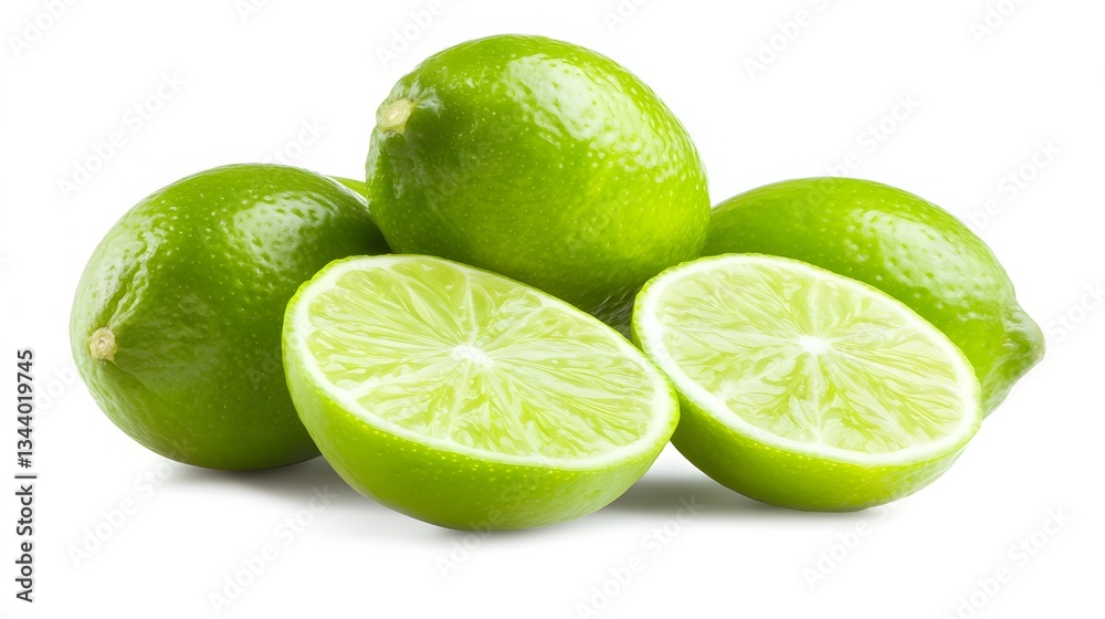 Fresh Green Limes Cut in Half Displaying Juicy Interior Isolated on White Background Fresh Green Limes Cut in Half Displaying Juicy Interior Isolated on White Background