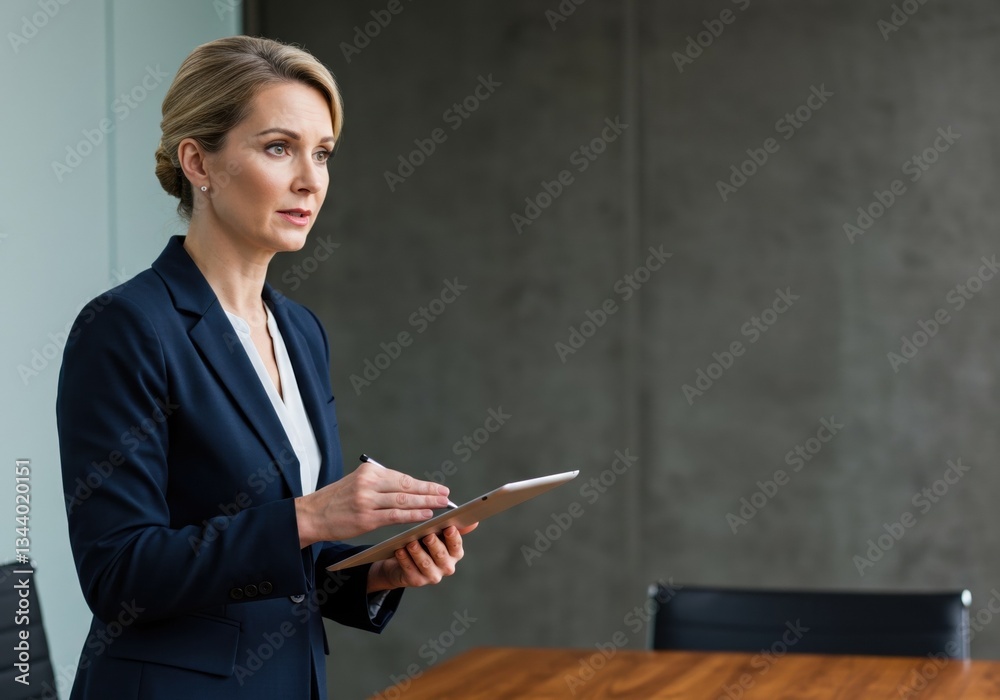 Professional businesswoman using a digital tablet during a corporate meeting, showcasing modern workplace technology and communication.