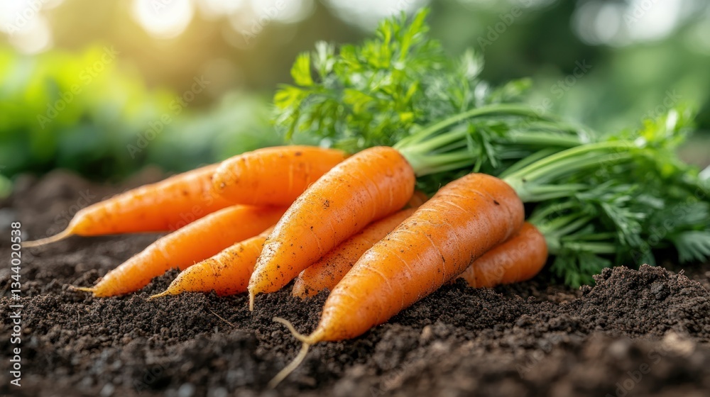 Freshly harvested carrots with tops, resting on dark soil Freshly harvested carrots with tops, resting on dark soil