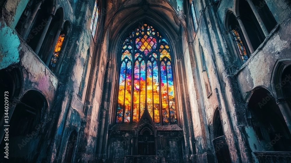 Fototapeta premium Old church interior with colorful stained glass.