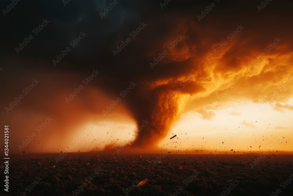 Fototapeta premium Destructive tornado touches down over open plains during golden hour. Stock footage