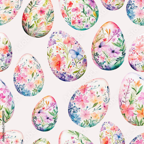 Colored watercolor Easter eggs with flowers on pink background.  Easter seamless pattern, vector illustration.  Texture for fabric, wrapping, wallpaper, print