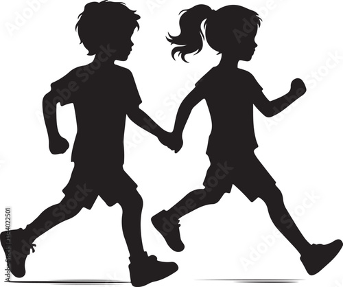 siblings running together silhouette vector illustration on a white background