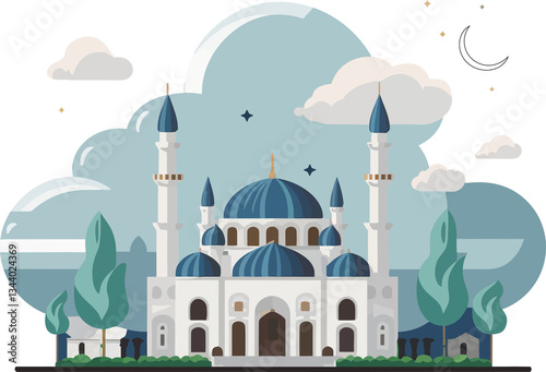Beautiful Islamic mosque illustration with elegant domes tall minarets, and lush greenery set against a dreamy sky with clouds and a crescent moon symbolizing peace and spirituality