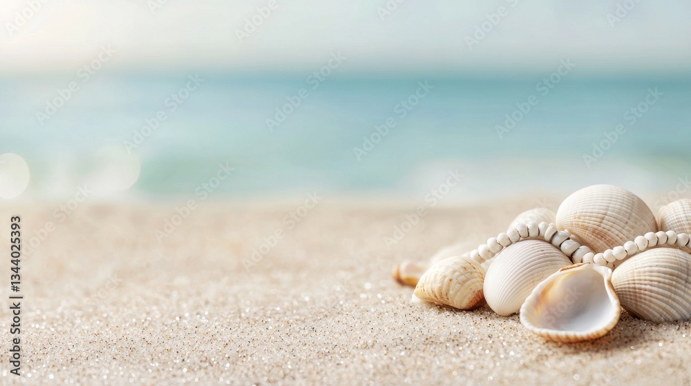 Beautiful Seashells on Sandy Beach with Gentle Ocean Waves in the Background Beautiful Seashells on Sandy Beach with Gentle Ocean Waves in the Background