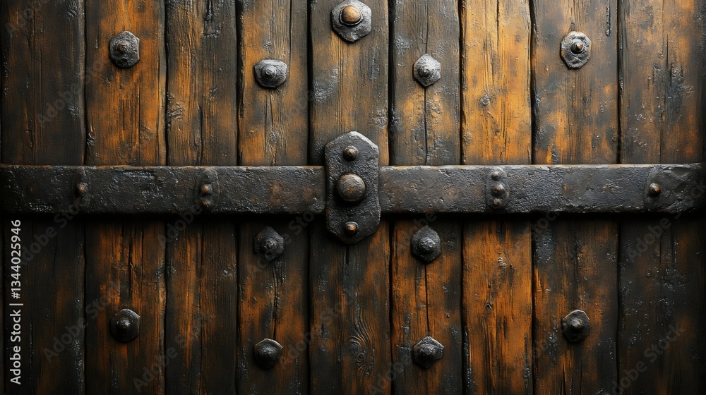 Fototapeta premium A wooden door with a metal latch and a metal bolt