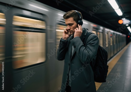 Young man with headphones listening to music in a subway station, capturing the urban lifestyle and commuting experience.