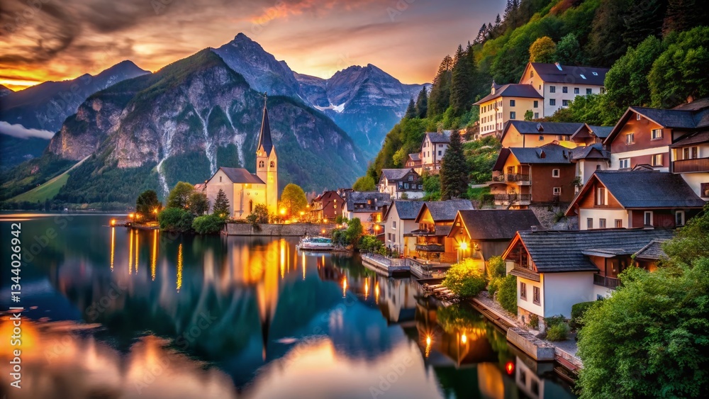 Fototapeta premium Hallstatt Austria Sunset Night Vintage Photography - Dreamy Alpine Village Scenery