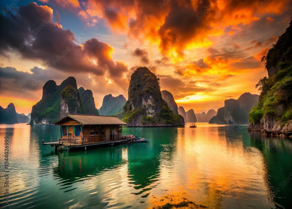 Halong Bay Silhouette: Floating House at Sunset, Vietnam