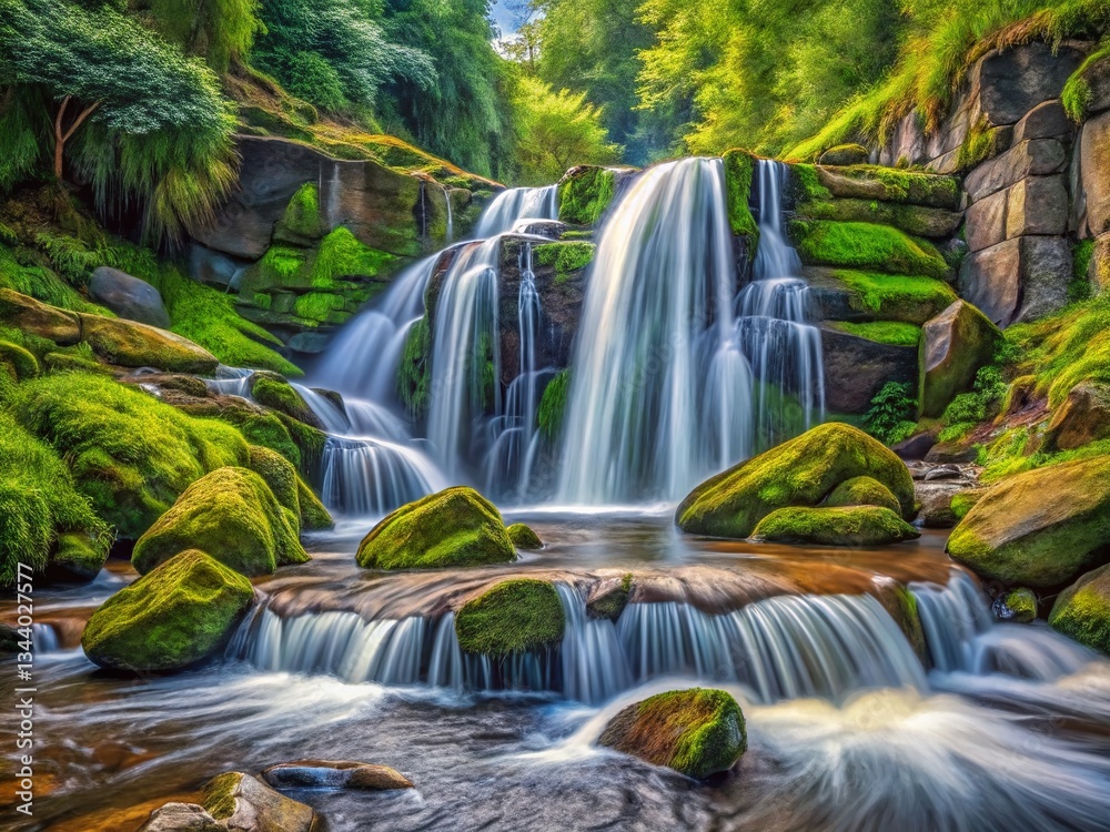 Obraz premium Hand-Drawn Sketch Style Long Exposure Waterfall Cascading Over Rocks