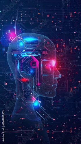 Wallpaper Mural Futuristic AI head, digital circuits, glowing lines, network background Torontodigital.ca