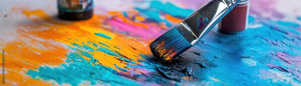 Fototapeta premium Colorful paint palette with brush, showcasing vibrant hues and artistic creativity in a messy, engaging environment.