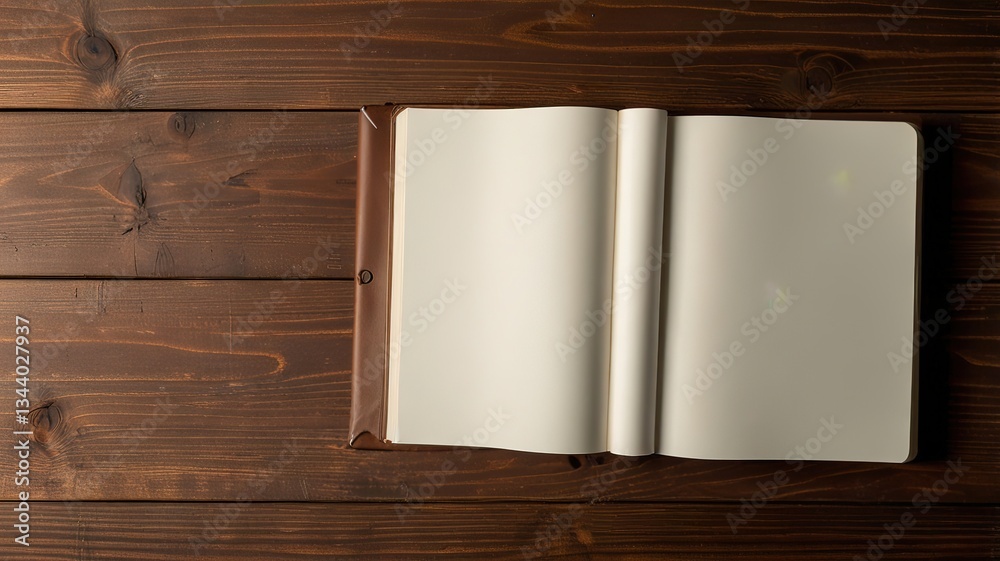 Fototapeta premium Open blank sheet book with copy space on desk background.
