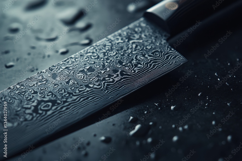 Fototapeta premium High-Detail Close-Up of a Sharp Damascus Steel Kitchen Knife