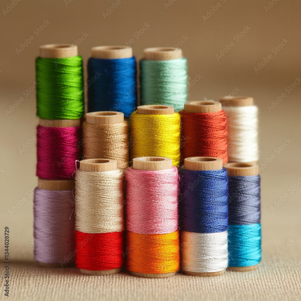 Colorful thread spools displayed on a neutral background for crafting projects Colorful thread spools displayed on a neutral background for crafting projects