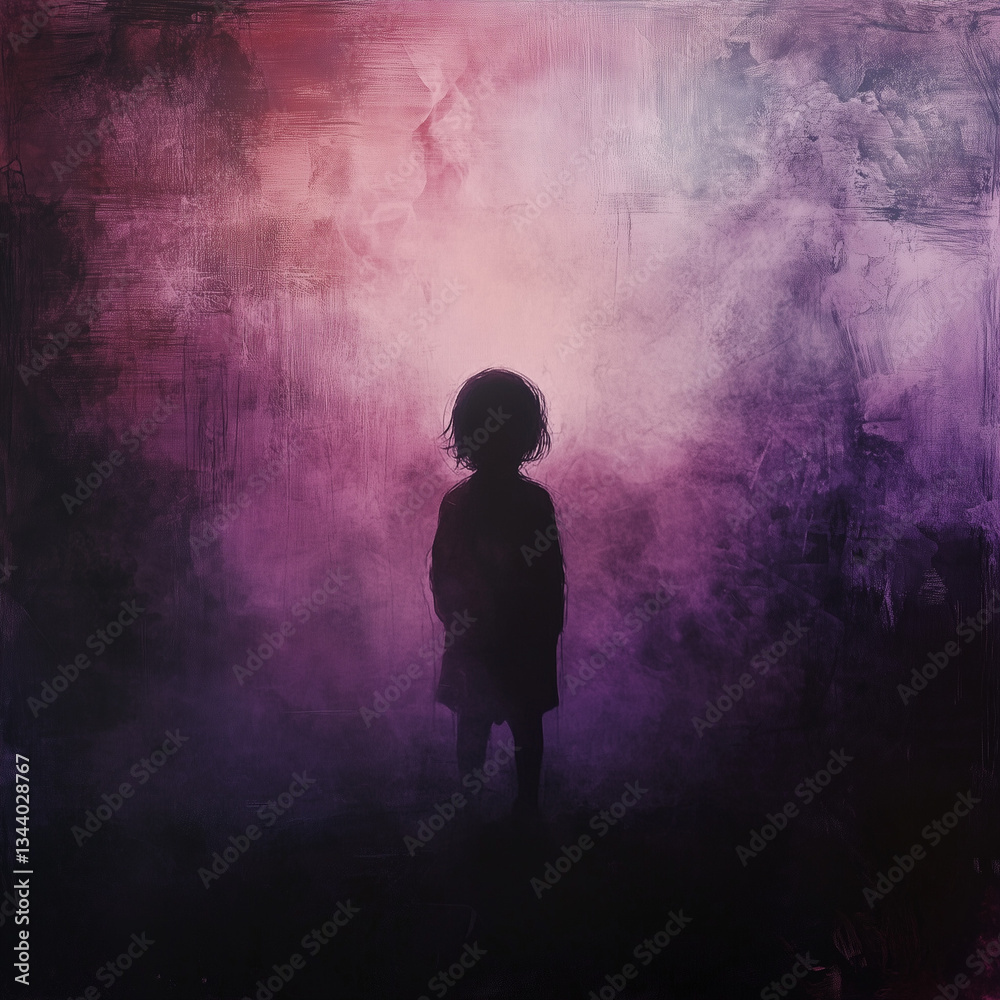 A child’s silhouette standing in a foggy dreamscape, abstract shadows forming monstrous shapes around them, dark contrasting colors like black, purple, and red, eerie glowing lights, muted soft colors A child’s silhouette standing in a foggy dreamscape, abstract shadows forming monstrous shapes around them, dark contrasting colors like black, purple, and red, eerie glowing lights, muted soft colors