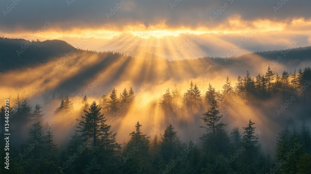 Fototapeta premium Golden sunrise rays pierce through misty mountain forest