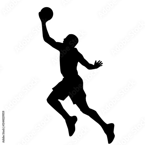 Silhouette of a basketball player jumping and dunking. Dynamic sports pose, perfect for basketball events, training guides, team logos, and athletic designs
