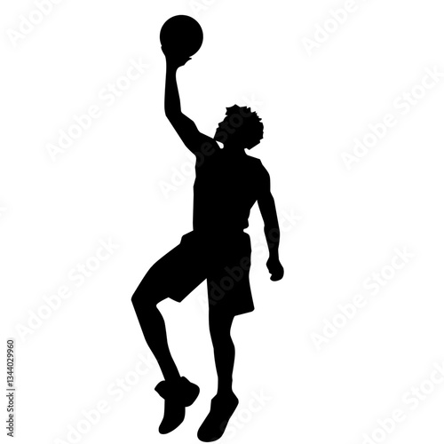 Silhouette of a basketball player performing a lay-up. Perfect for sports illustrations, basketball competitions, and athletic branding