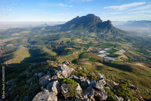 Scenic aerial view of Stellenbosch winelands and Simonsberg mountain