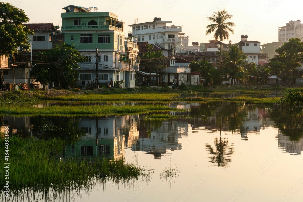 Calm lake reflects buildings in warm sunset light, creating a peaceful scene Calm lake reflects buildings in warm sunset light, creating a peaceful scene